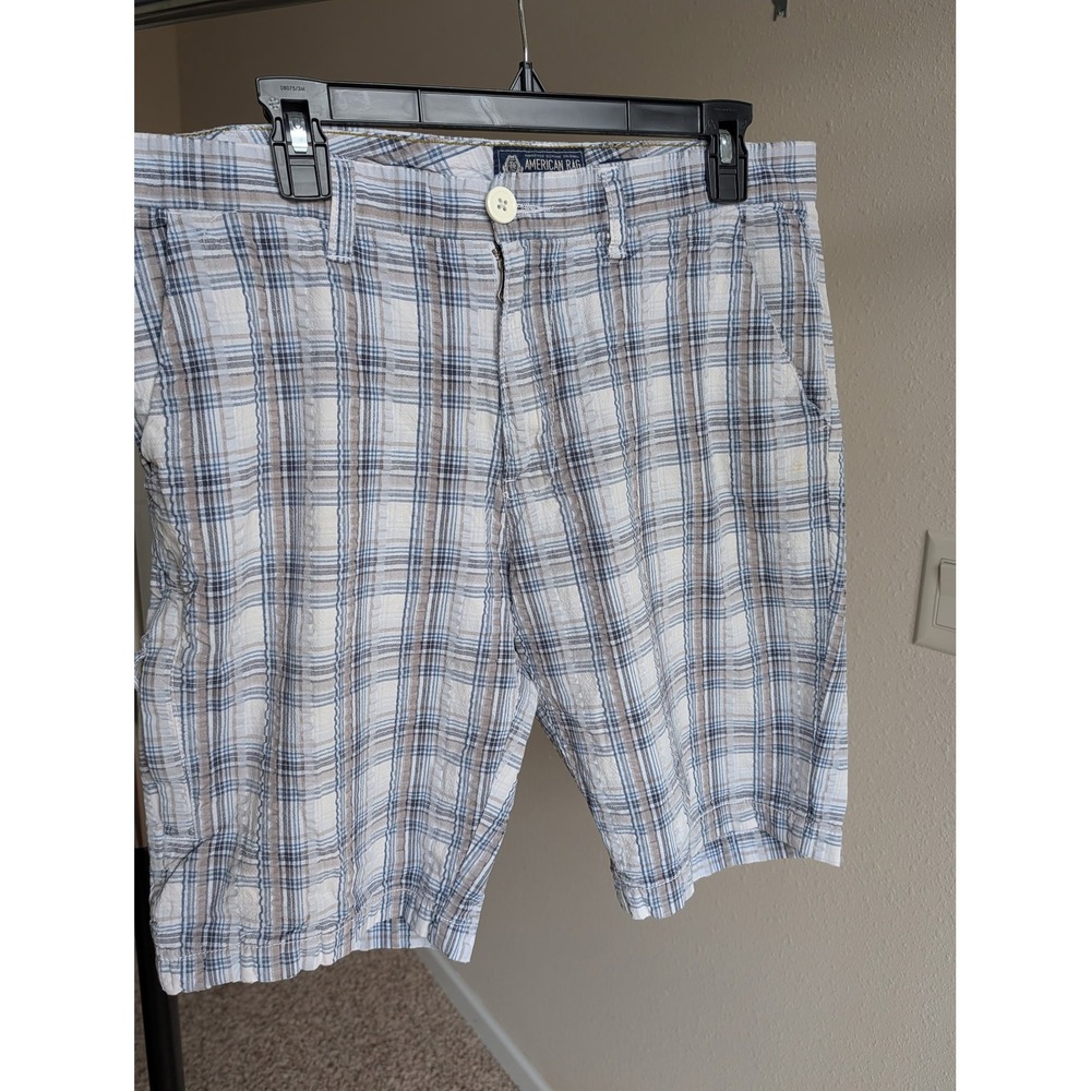 American Rag Mens Plaid Seersucker Shorts Blue White Tan Size 33 Casual